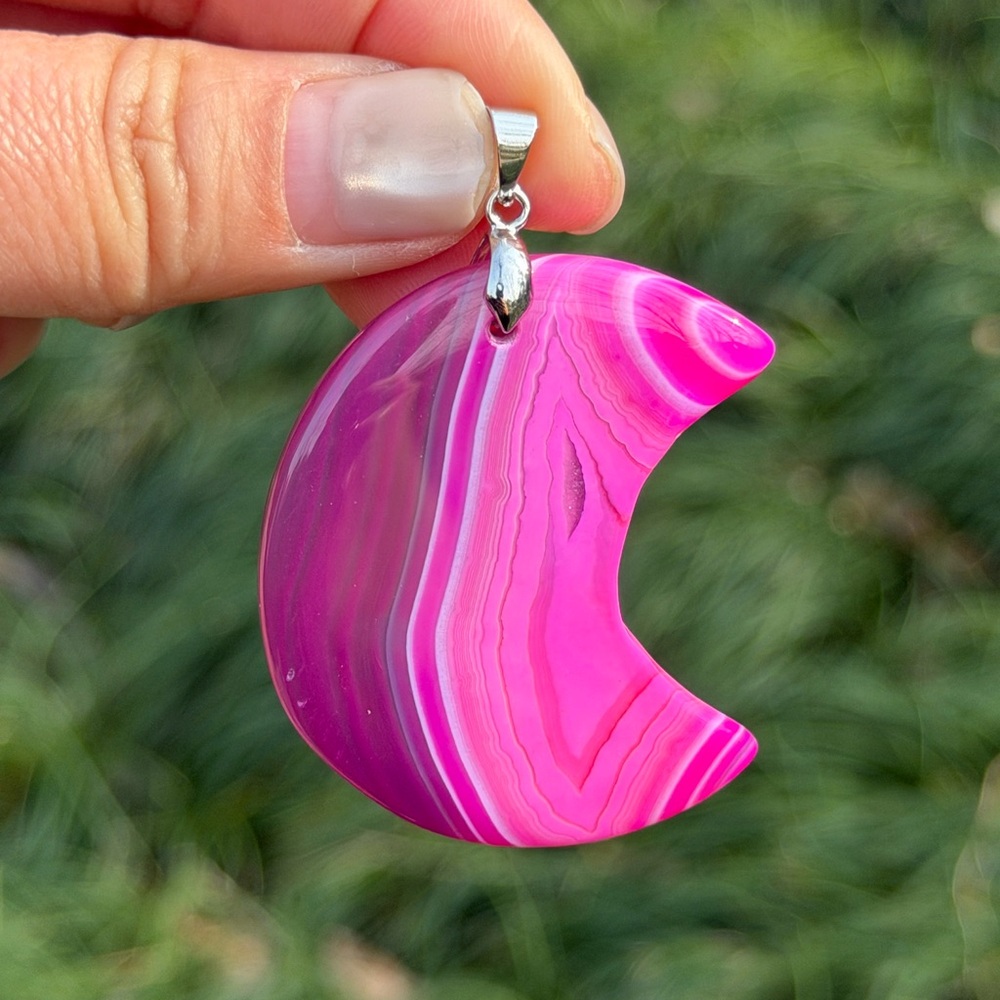Sterling silver 925 stamped pink druzy banded agate moon pendant 1024 - Picture 6 of 8